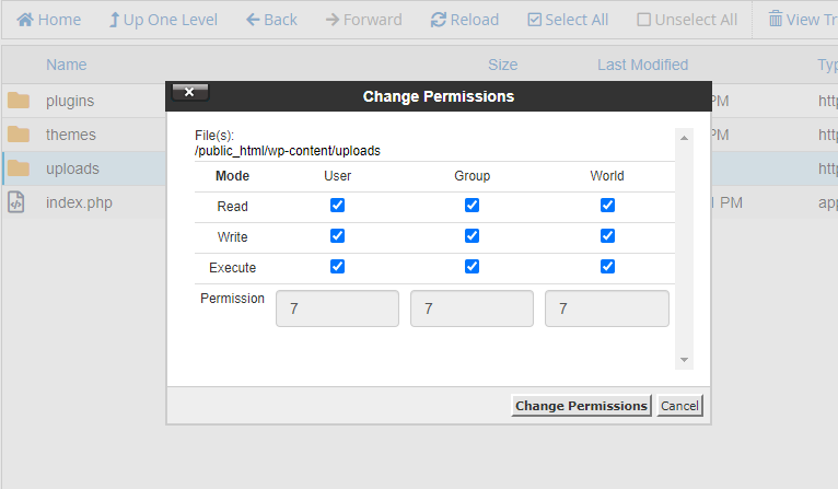 how to change WordPress folder permission